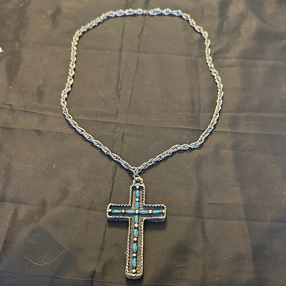 Vintage Southwestern Silver Tone Turquoise Inlay Cross Necklace